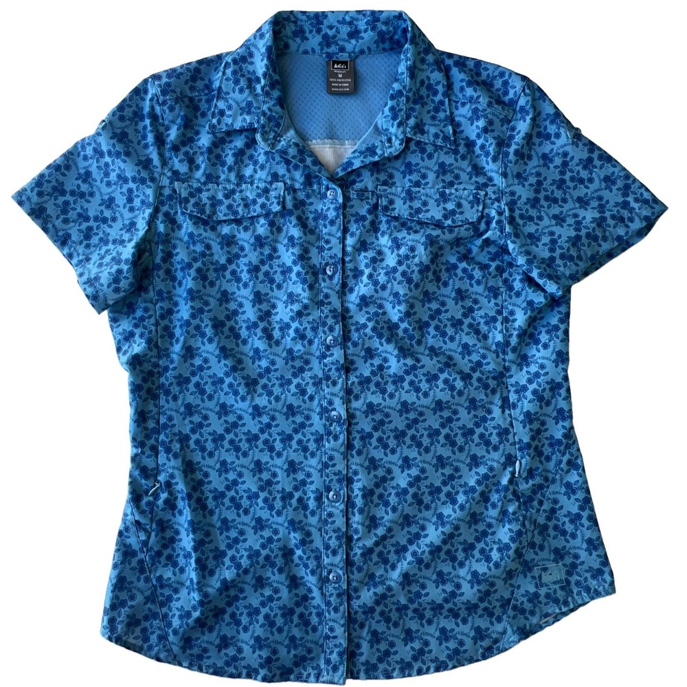 REI Co-op Sahara Shirt Womens M Fitted Floral Blue Short Sleeve Hiking Pockets - Picture 2 of 10
